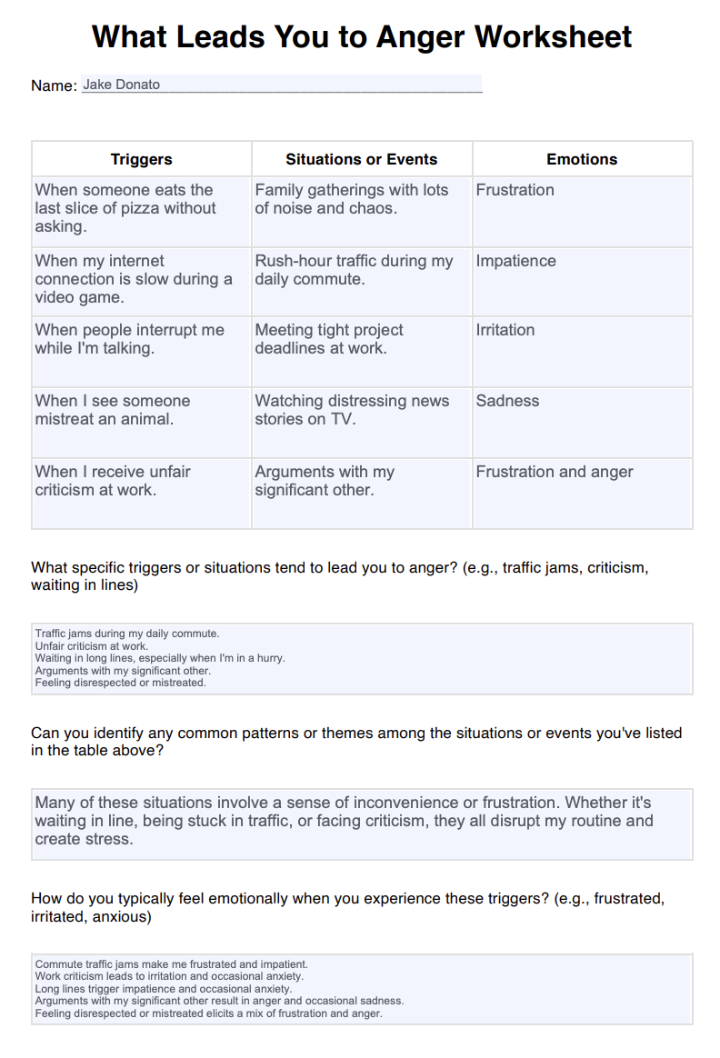What Leads You to Anger Worksheet Example