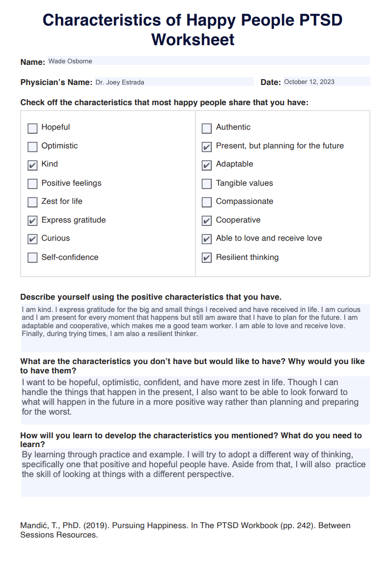 Characteristics of Happy People PTSD Worksheet Example