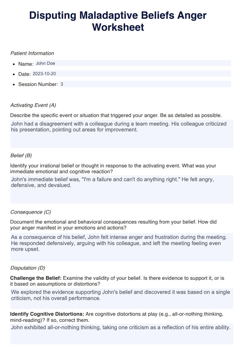 Disputing Maladaptive Beliefs Anger Worksheet Example