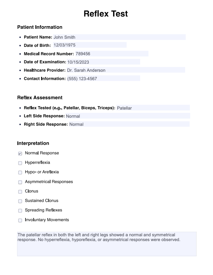 Reflex Test Example (sample)