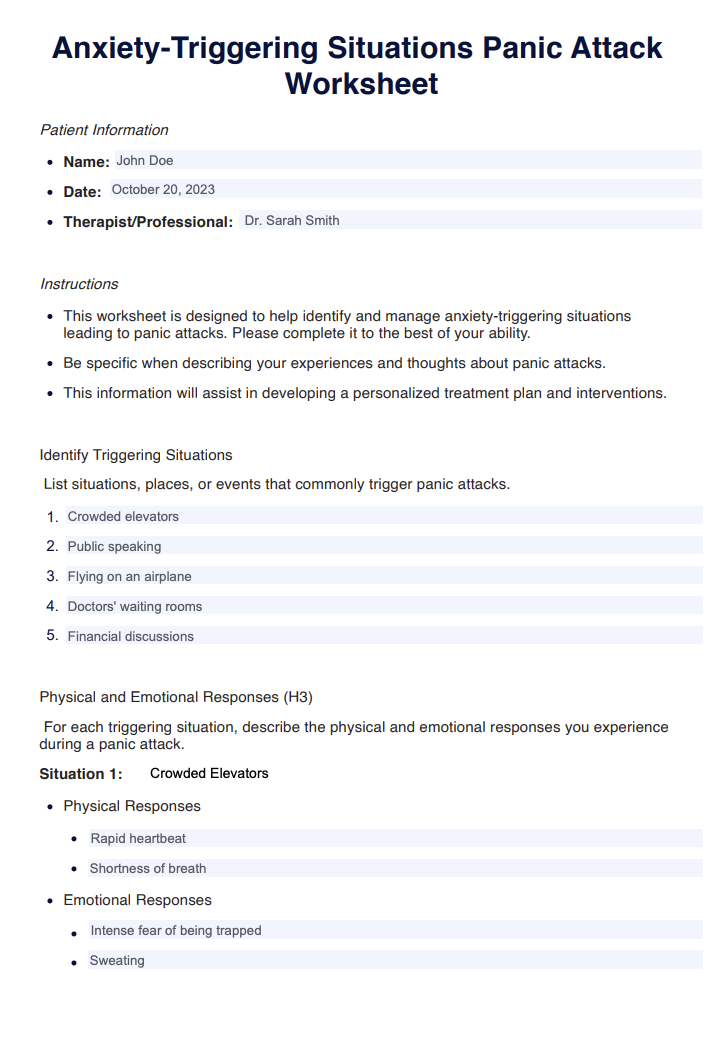 Anxiety-Triggering Situations Panic Attack Worksheet Example