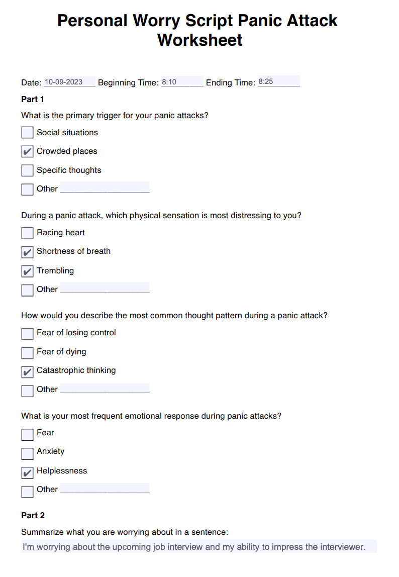 Personal Worry Script Panic Attack Worksheet Example