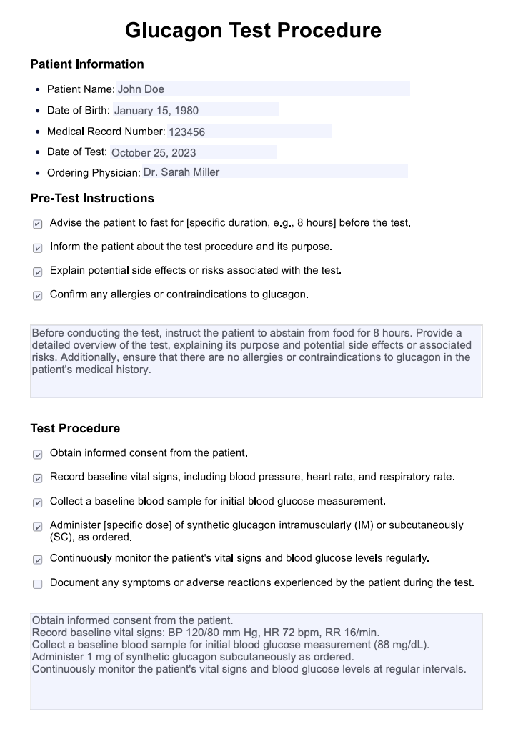 Glucagon Test Example (sample)