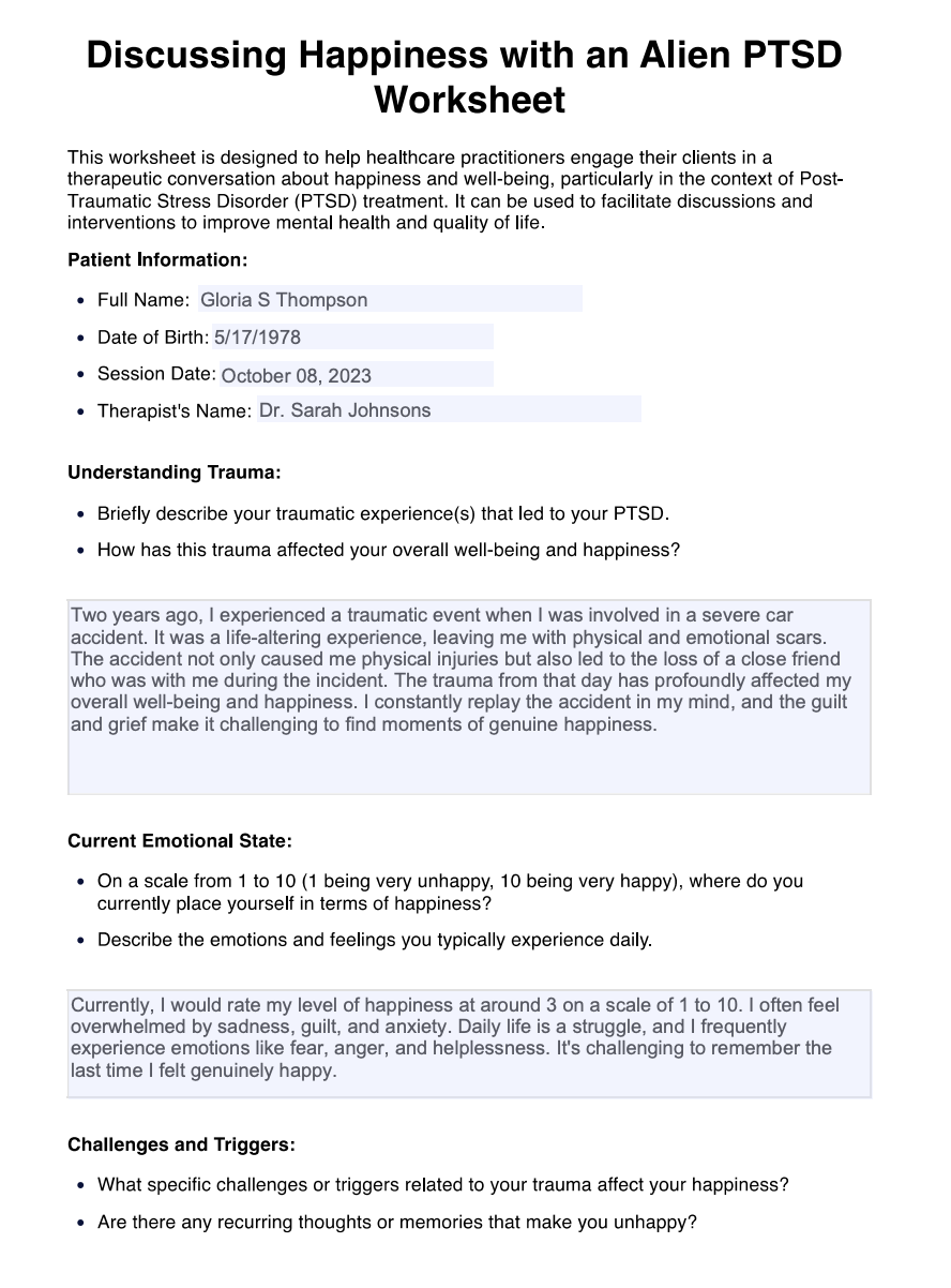 Discussing Happiness with an Alien PTSD Worksheet Example