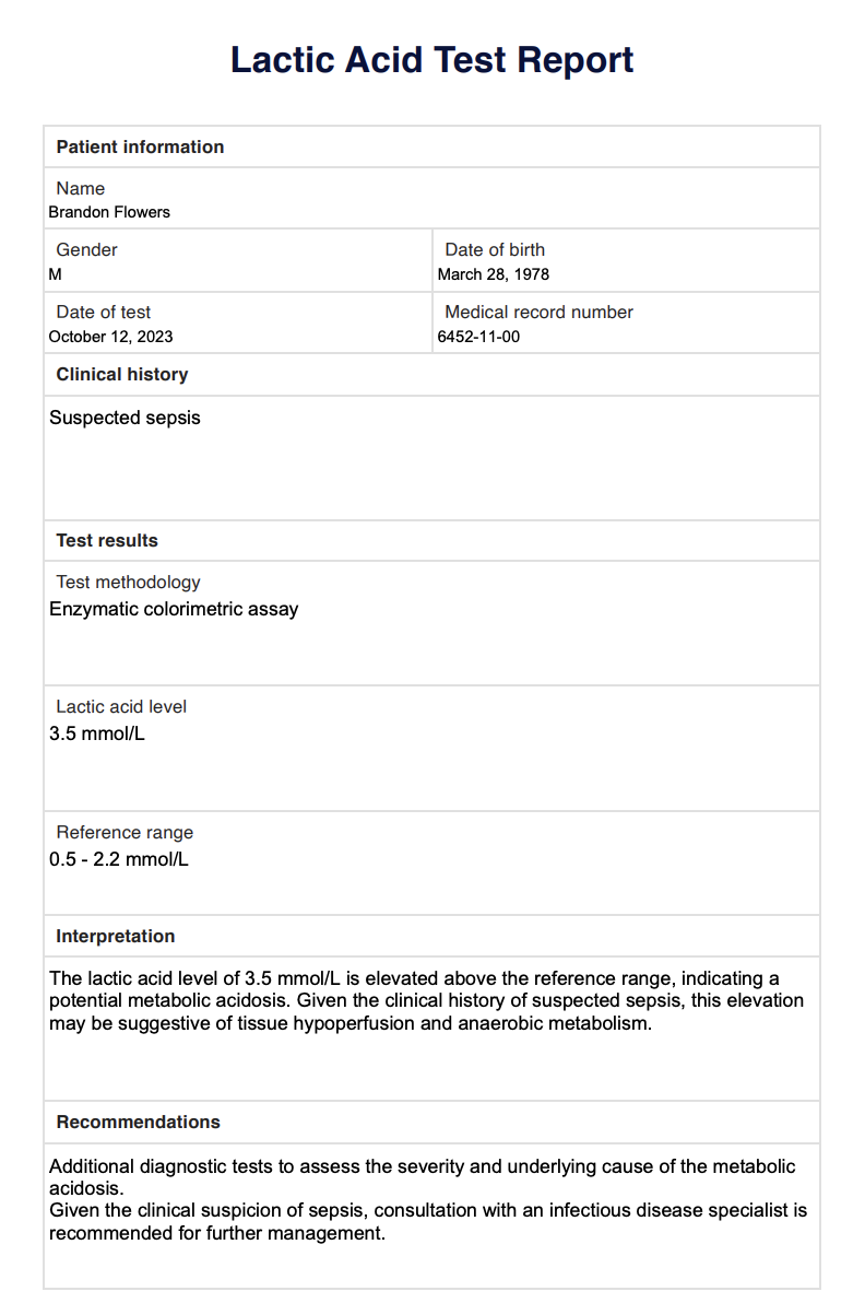 Lactic Acid Test Report Example (sample)