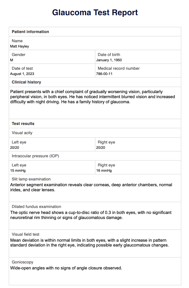 Glaucoma Test Report Example (sample)
