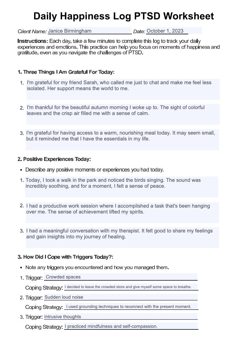 Daily Happiness Log PTSD Worksheet Example