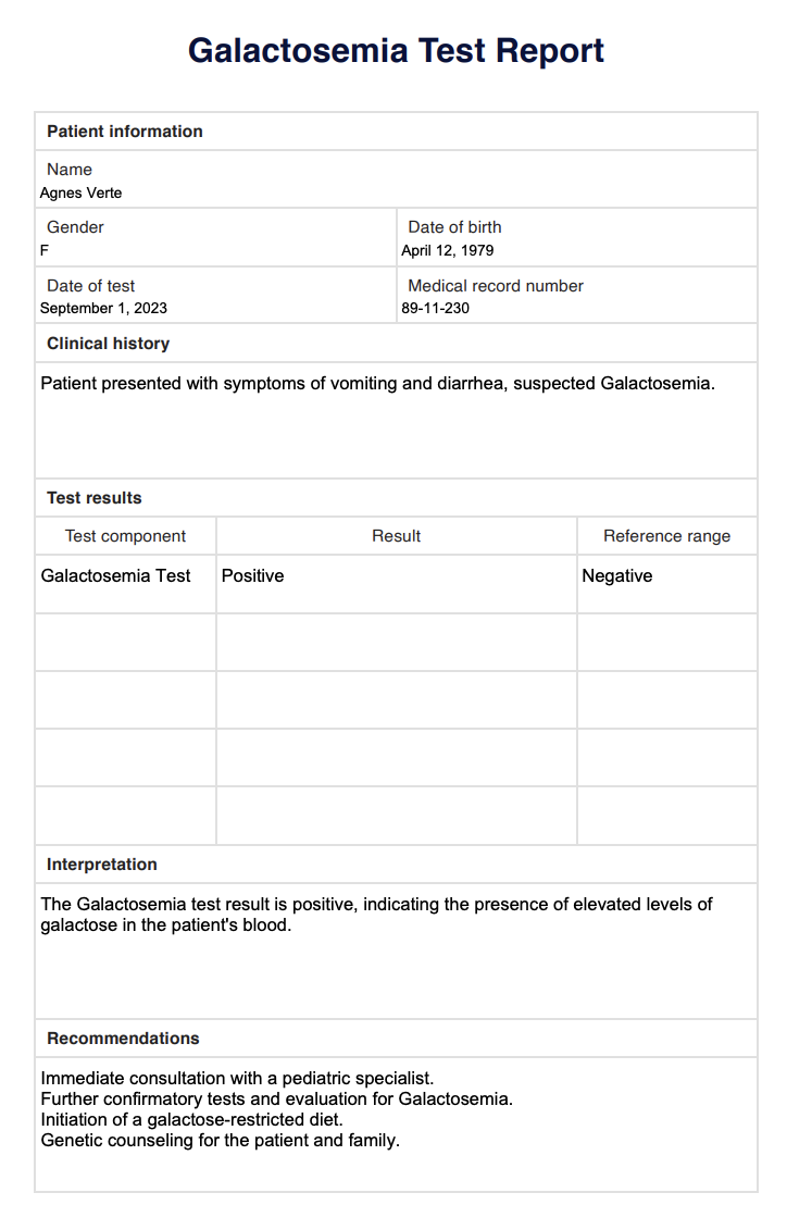 Galactosemia Test Report Example (sample)