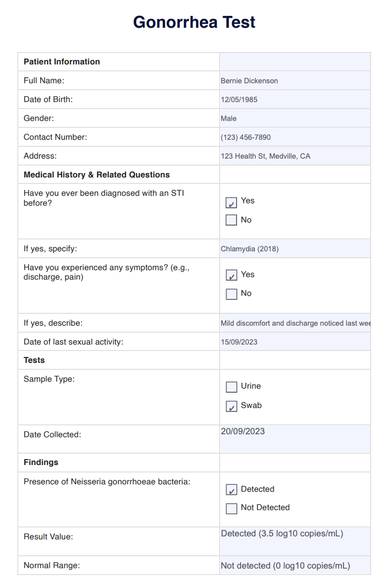 Gonorrhea Test Example (Sample)