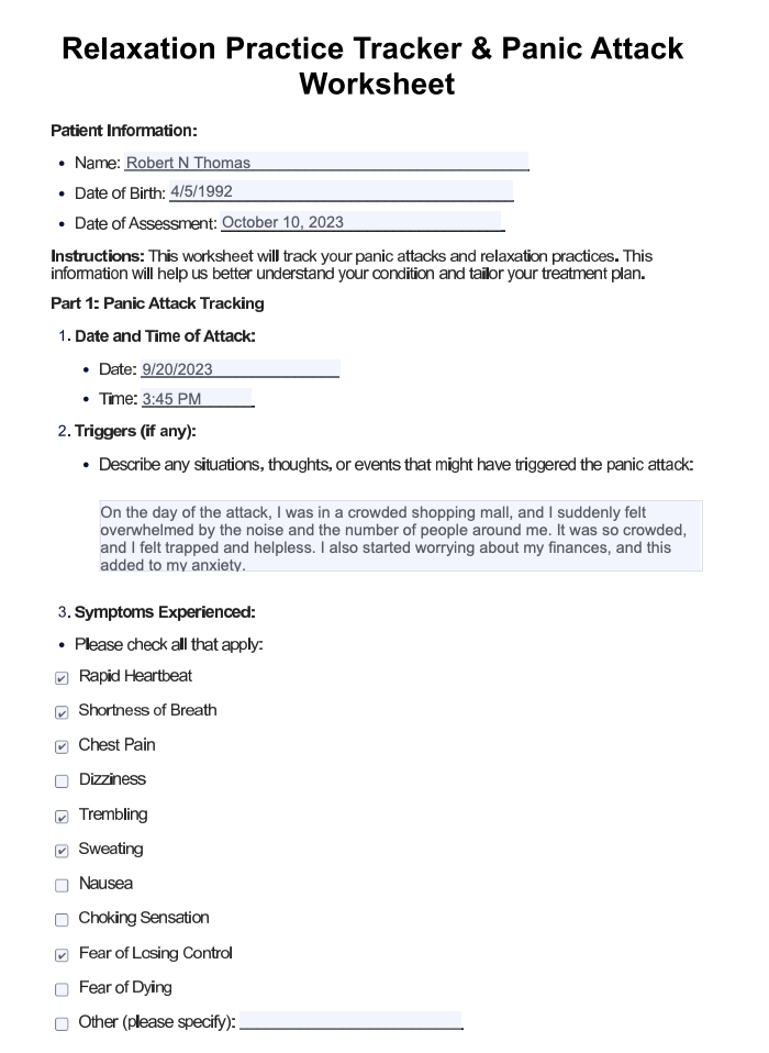 Relaxation Practice Tracker Panic Attack Worksheet Example