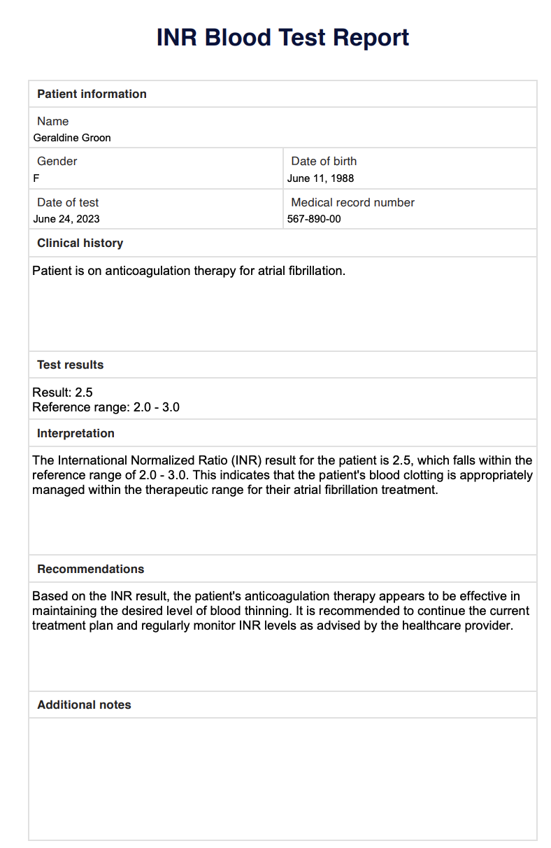 INR Blood Test Report Example (sample)