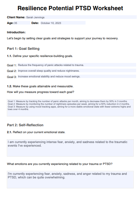 Resilience Potential PTSD Worksheet Example