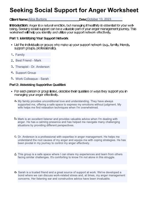 Seeking Social Support for Anger Worksheet Example