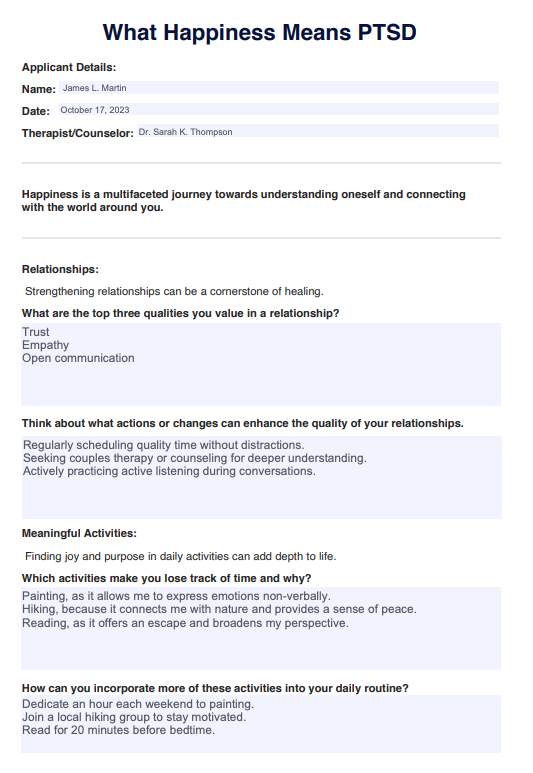 What Happiness Means PTSD Worksheet Example