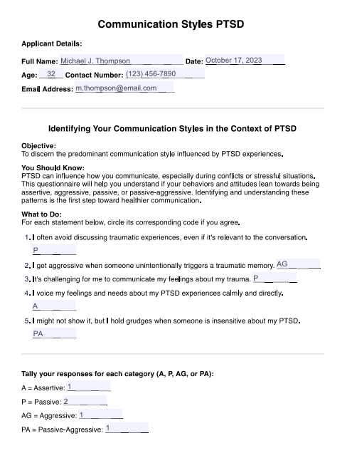 Communication Styles PTSD Worksheet Example