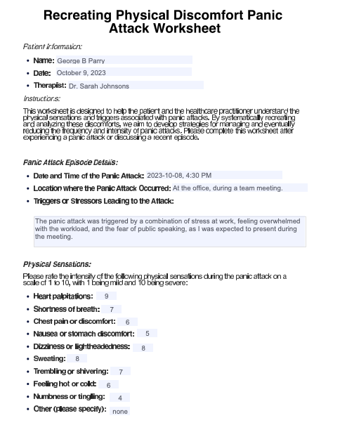Recreating Physical Discomfort Panic Attack Worksheet Example