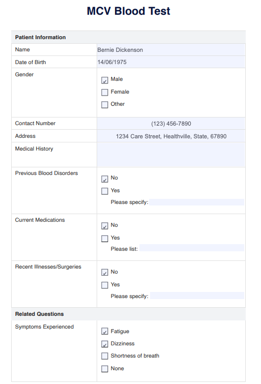 MCV Blood Test Example (Sample)