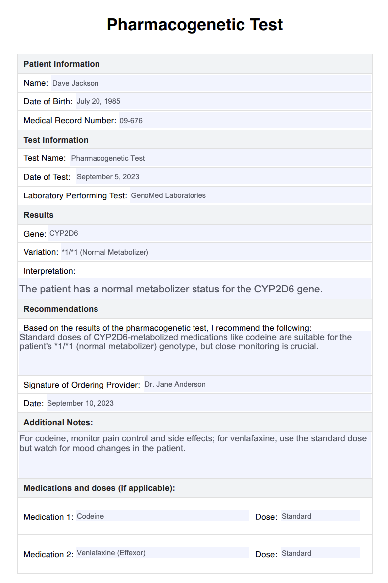 Pharmacogenetic Test Example (sample)