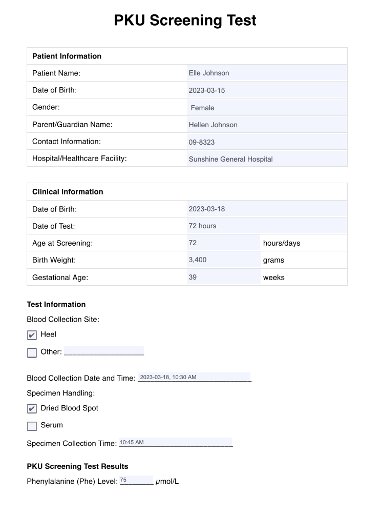 PKU Screening Test Example (sample)