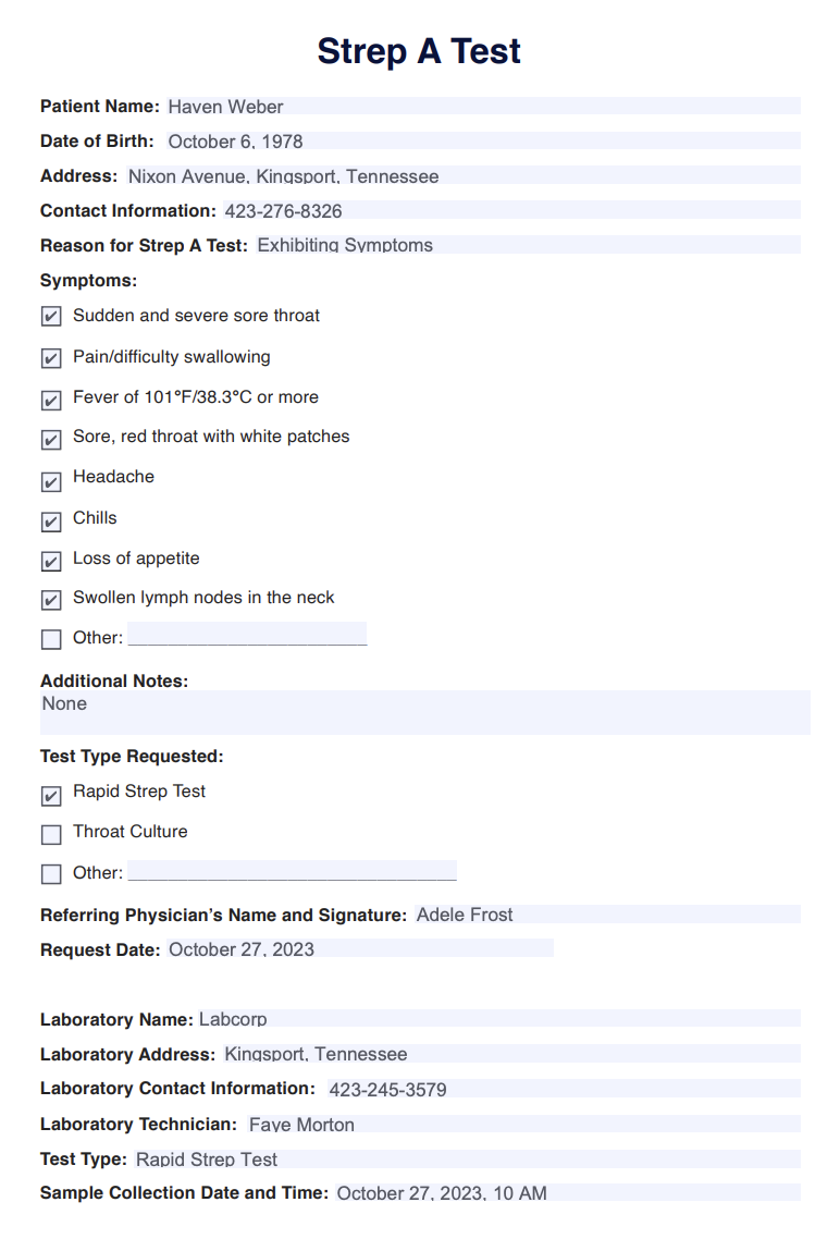 Strep A Test Example (sample)