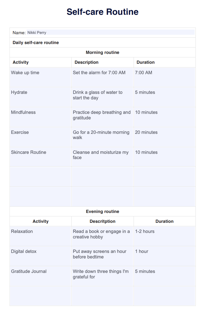 Self Care Routine Example (Sample)