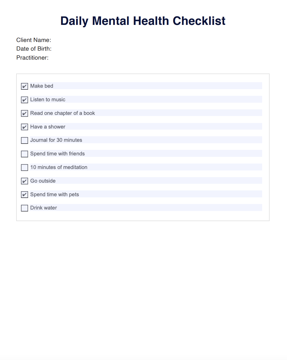 Mental Health Daily Checklist Example (Sample)
