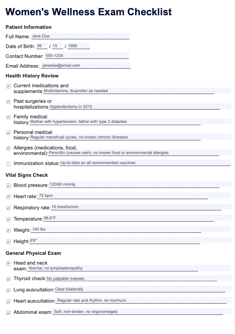 Women's Wellness Exam Example (sample)