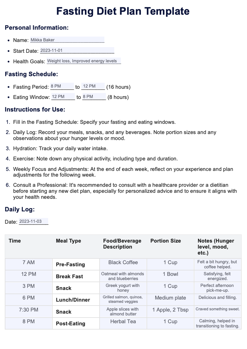 Fasting Diet Plan Example (Sample)