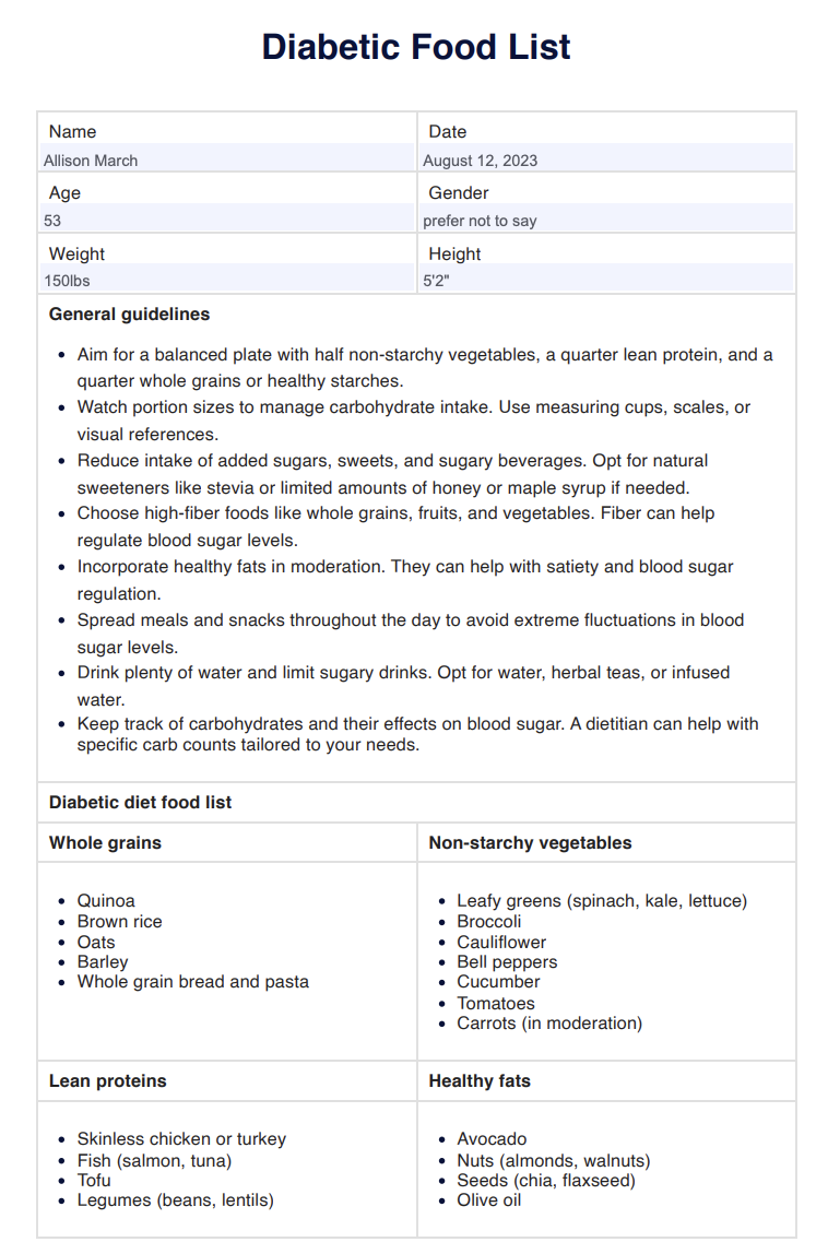 Diabetic Diet Food List Example (Sample)