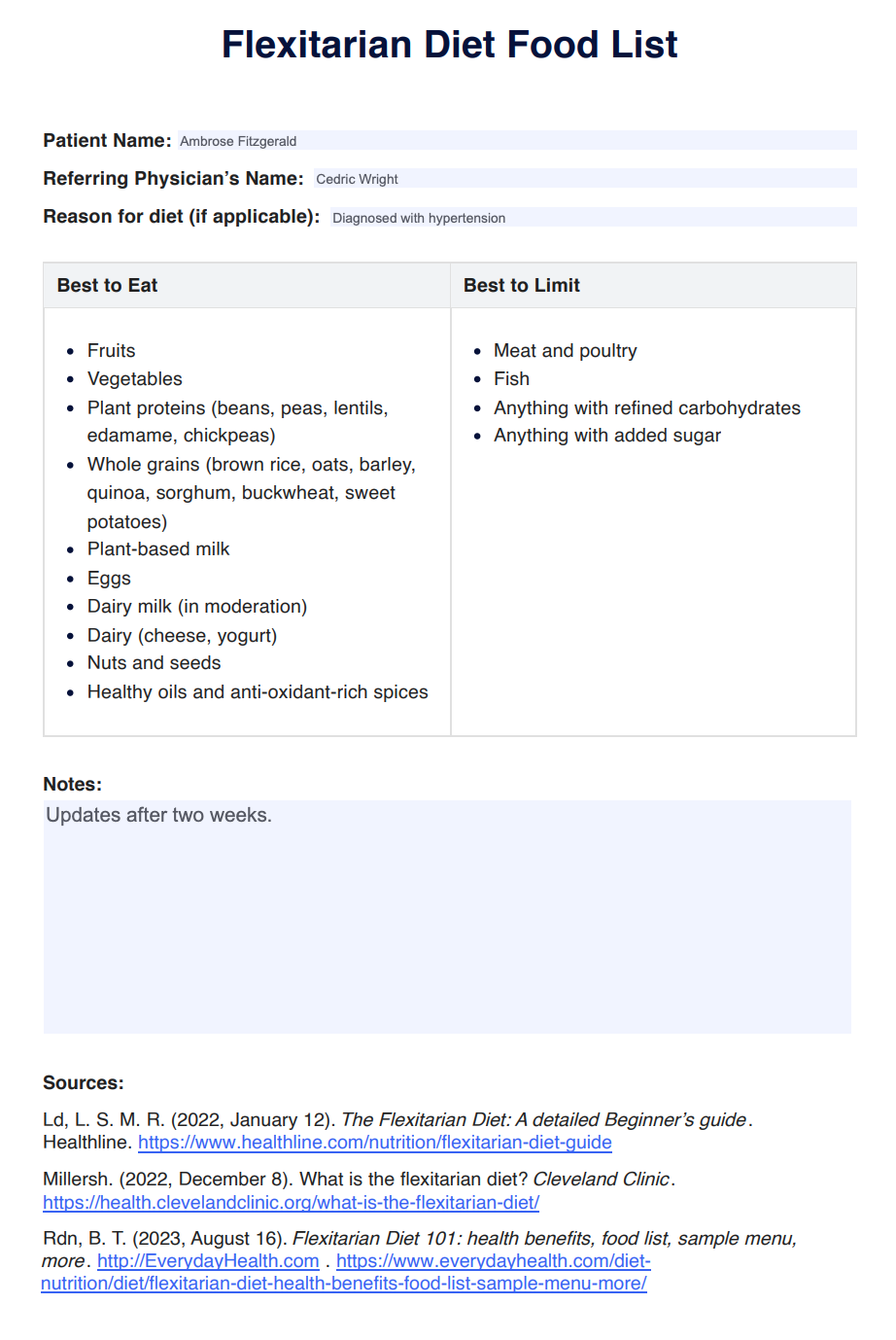 Flexitarian Diet Food List Example