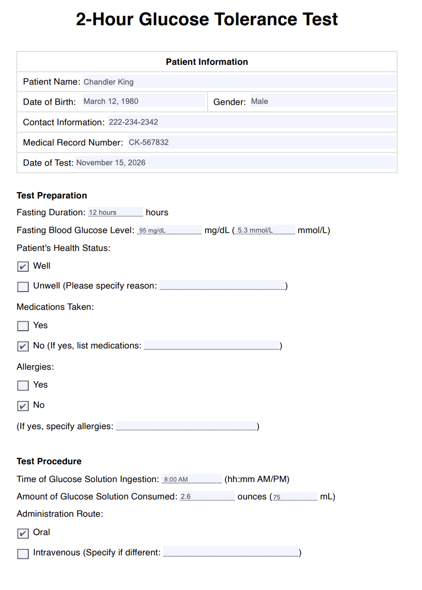 2 Hour Glucose Tolerance Test Example (Sample)