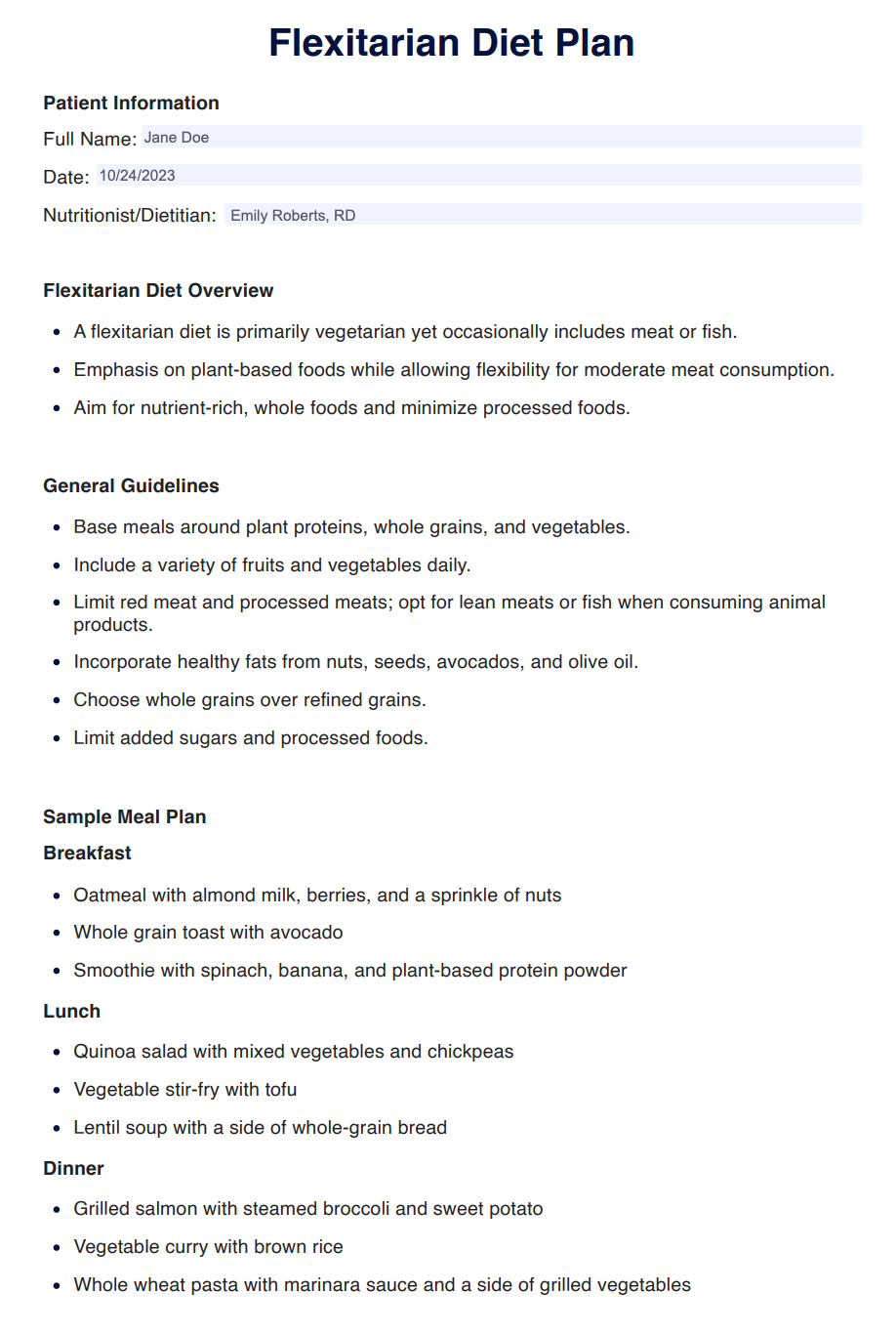 Flexitarian Diet Plan Example