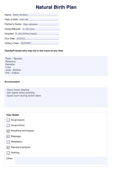 Natural Birth Plan Example (Sample)