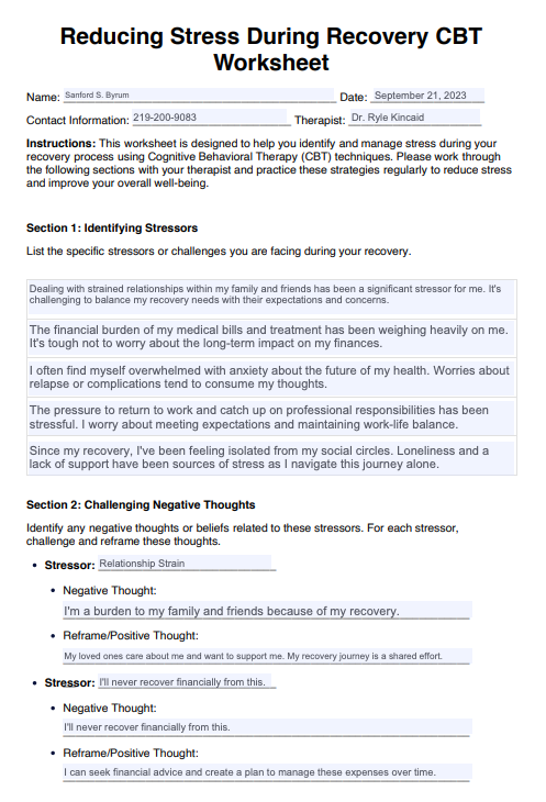 Reducing Stress During Recovery CBT Worksheet Example