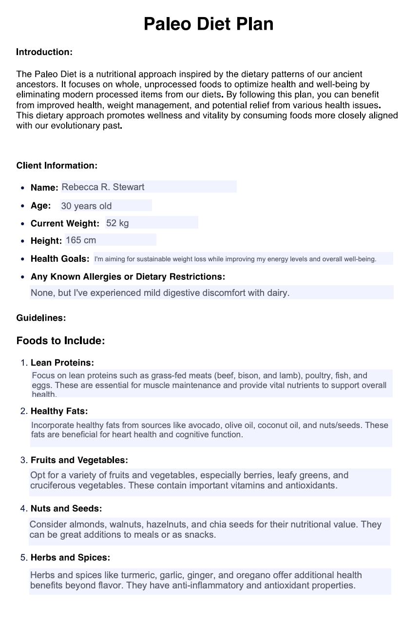 Paleo Diet Plan Example