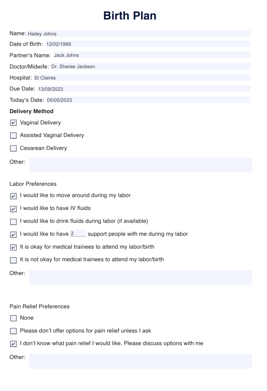 Birth Plan Example (Sample)