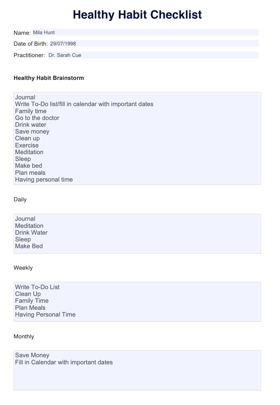 Healthy Habit Checklist Example