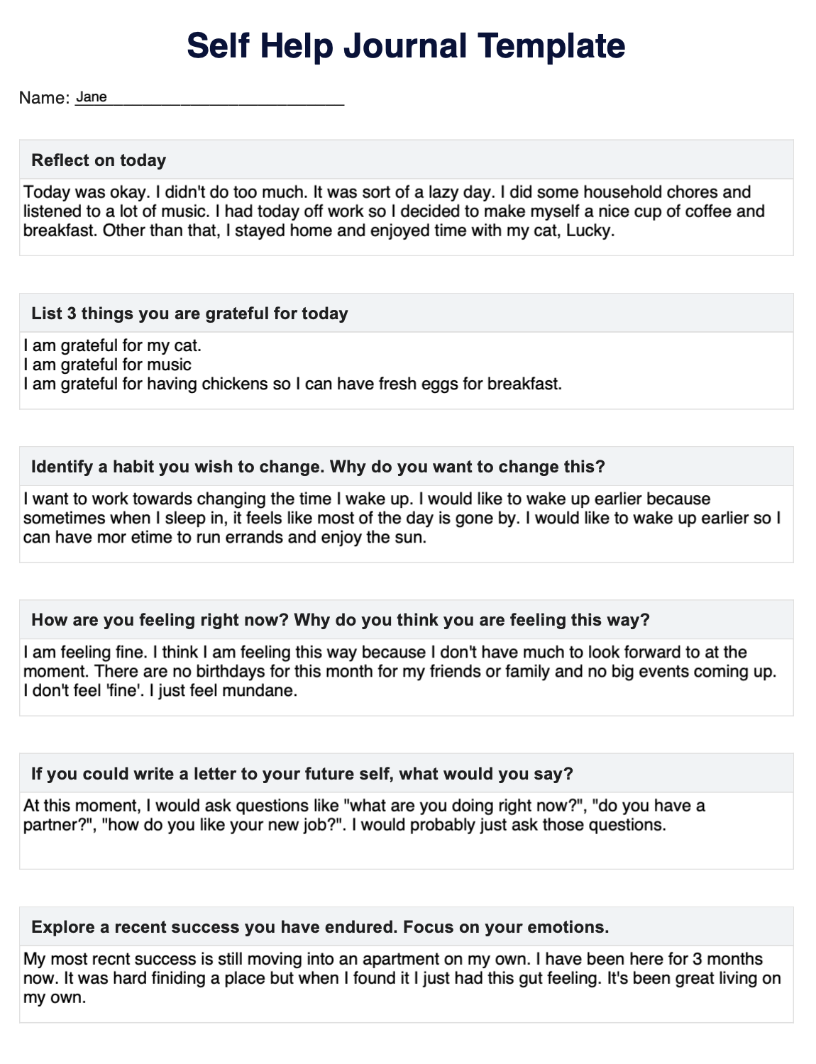 Self Help Journal Example (Sample)
