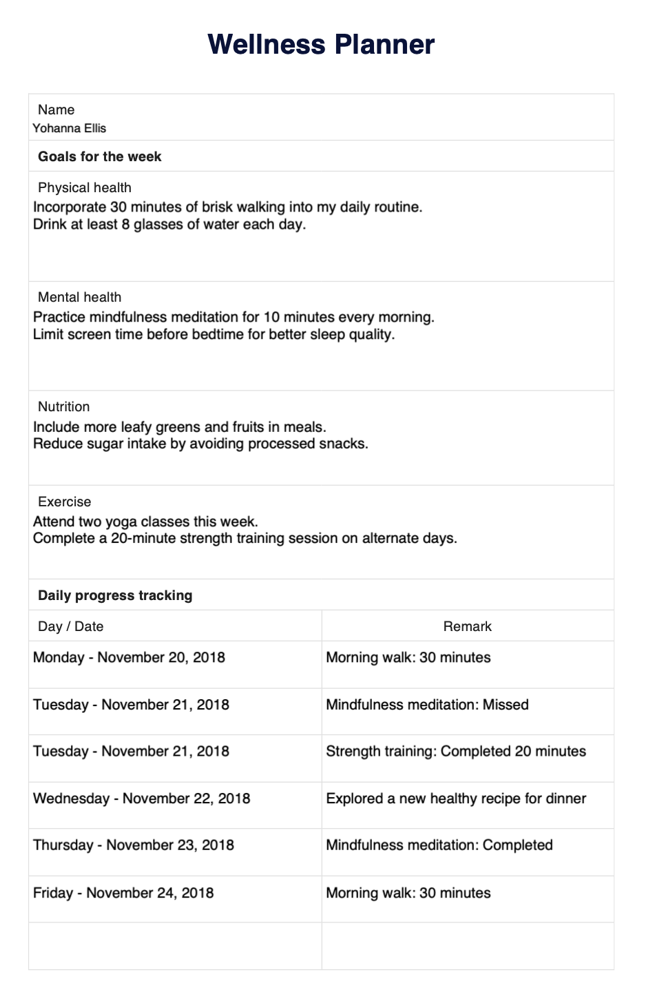 Wellness Planner Example (Sample)