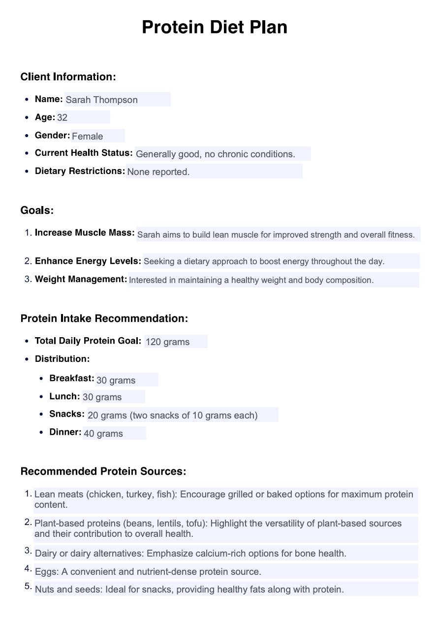 Protein Diet Plan Example