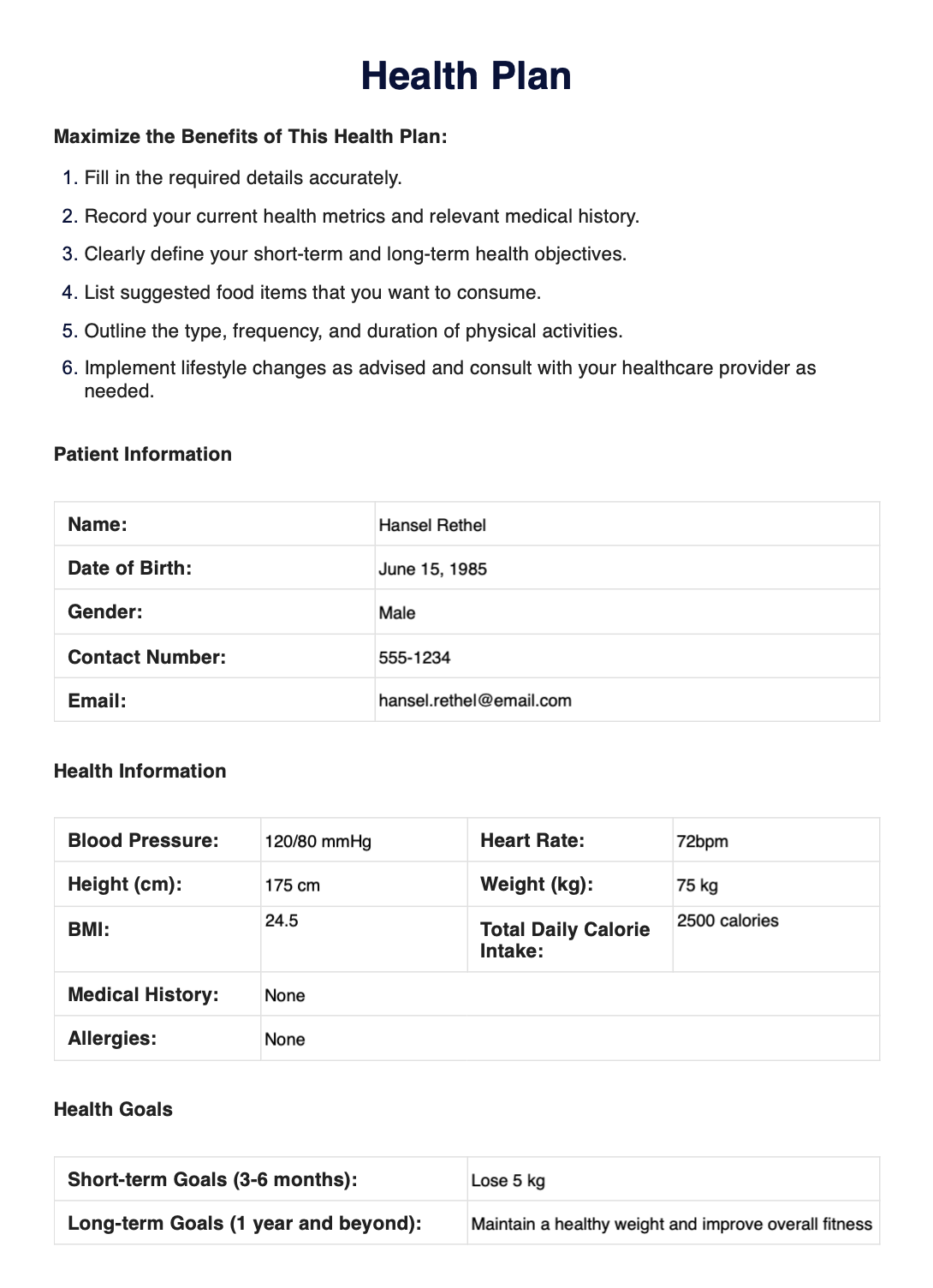 Health Plan Example (Sample)