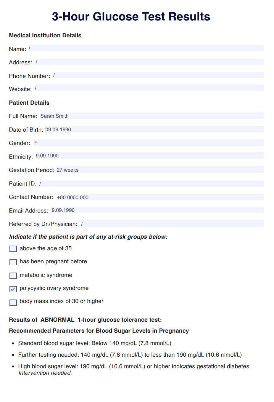 3-Hour Glucose Test Result Chart Example