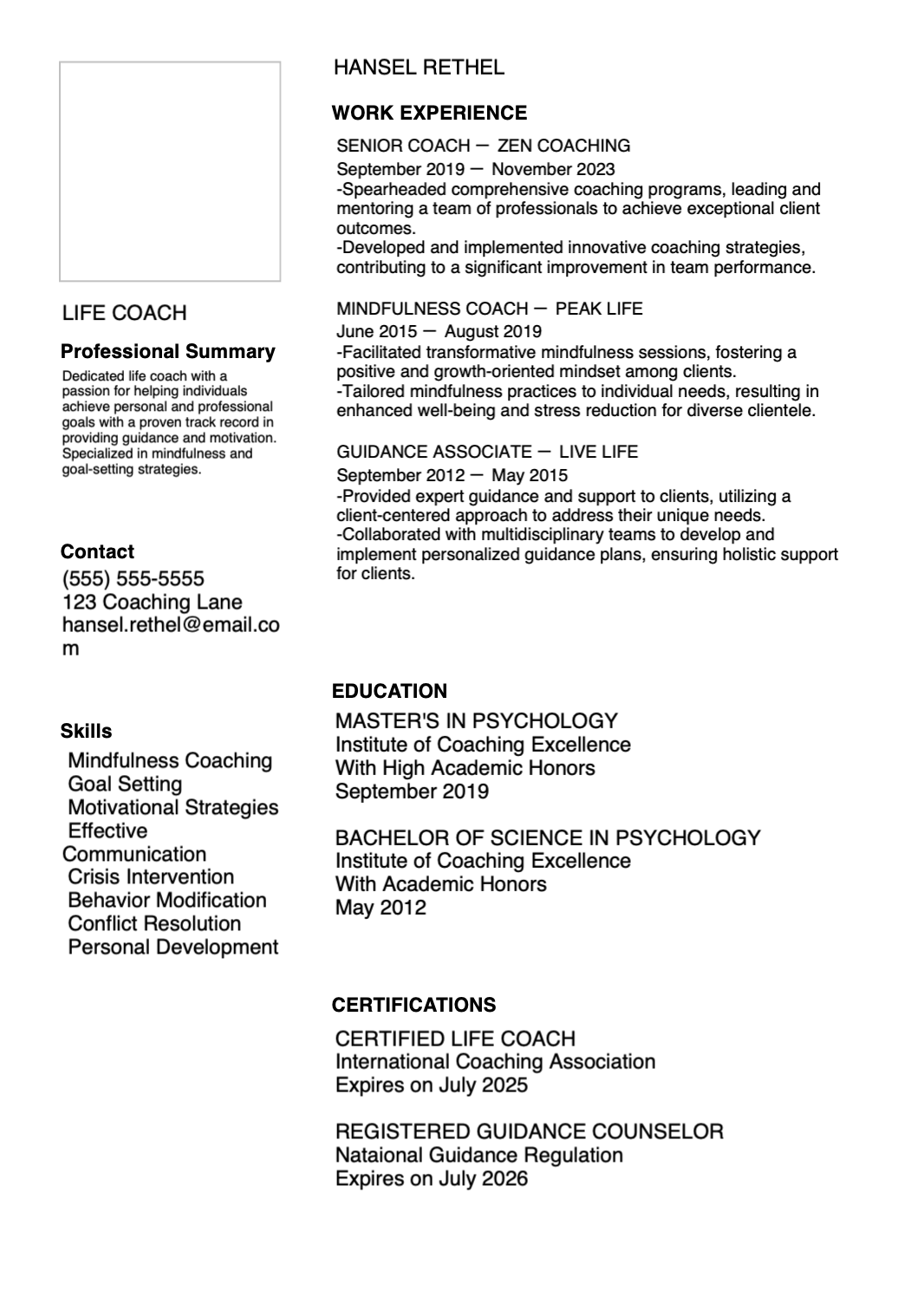 Coaching Resume Example
