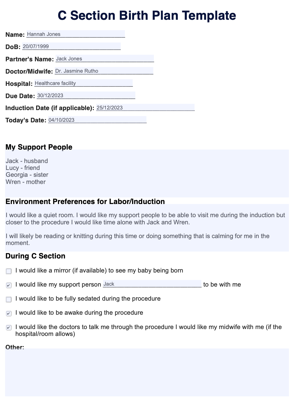 C Section Birth Plan Example