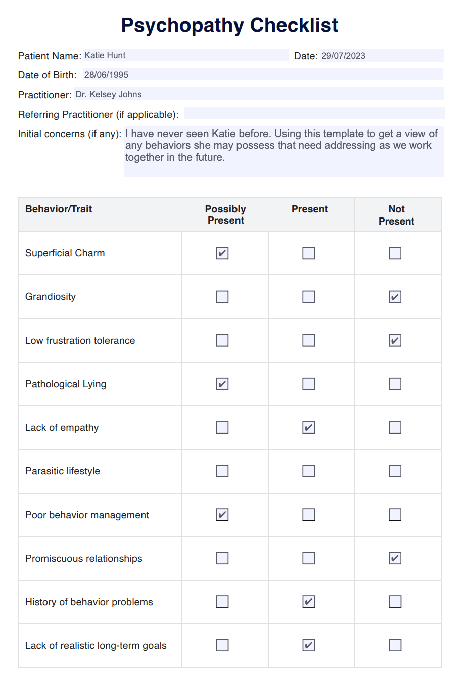 Psychopathy Checklist Example