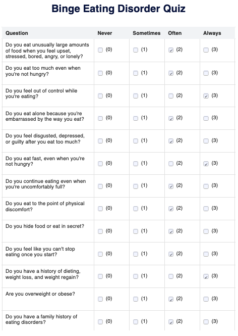 Binge Eating Disorder Quiz example