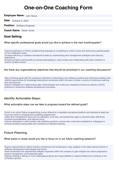 One On One Coaching Form Example (Sample)