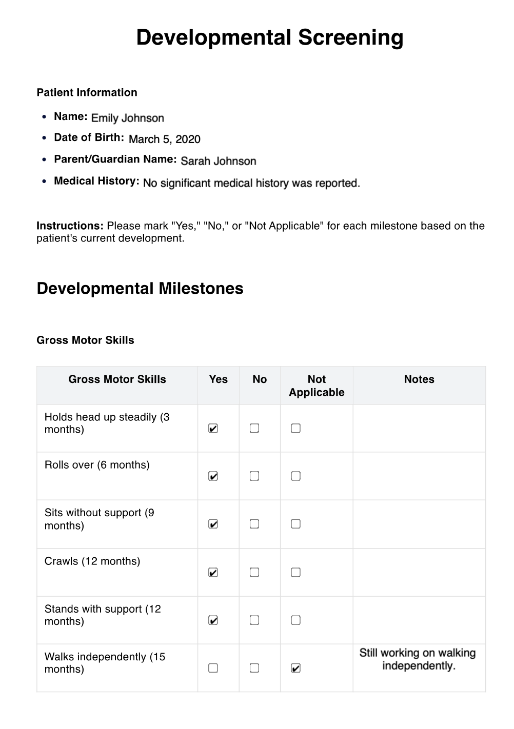 Downloadable Developmental Screening PDF Template
