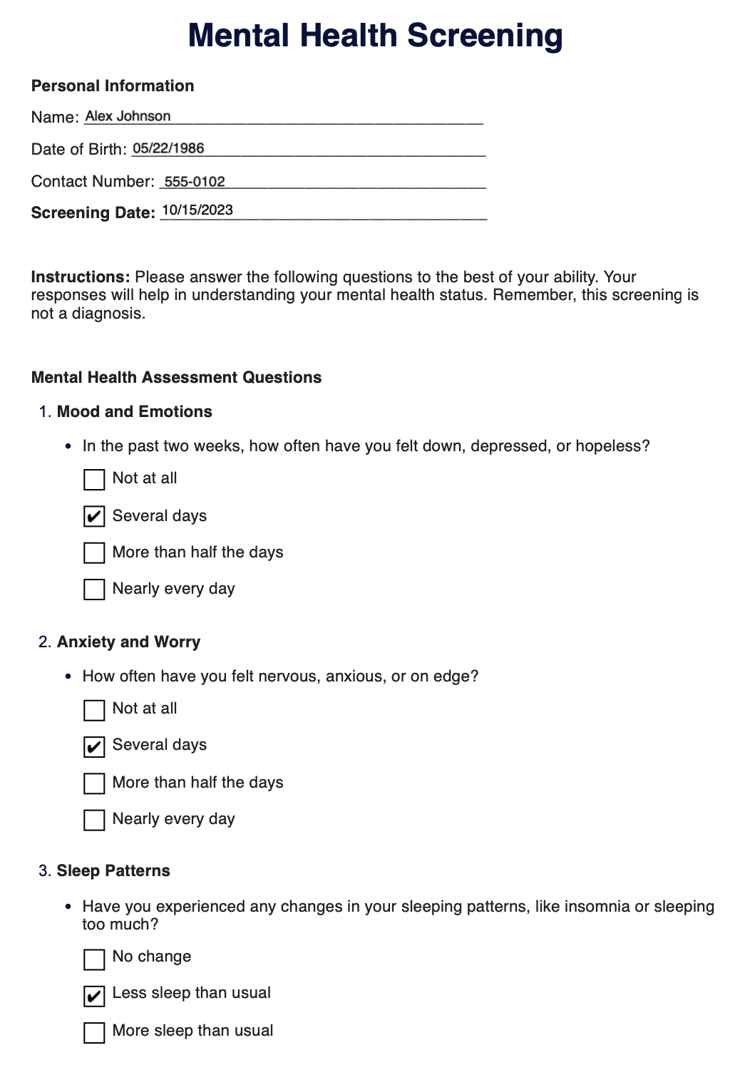 Mental Health Screening Test example (sample)