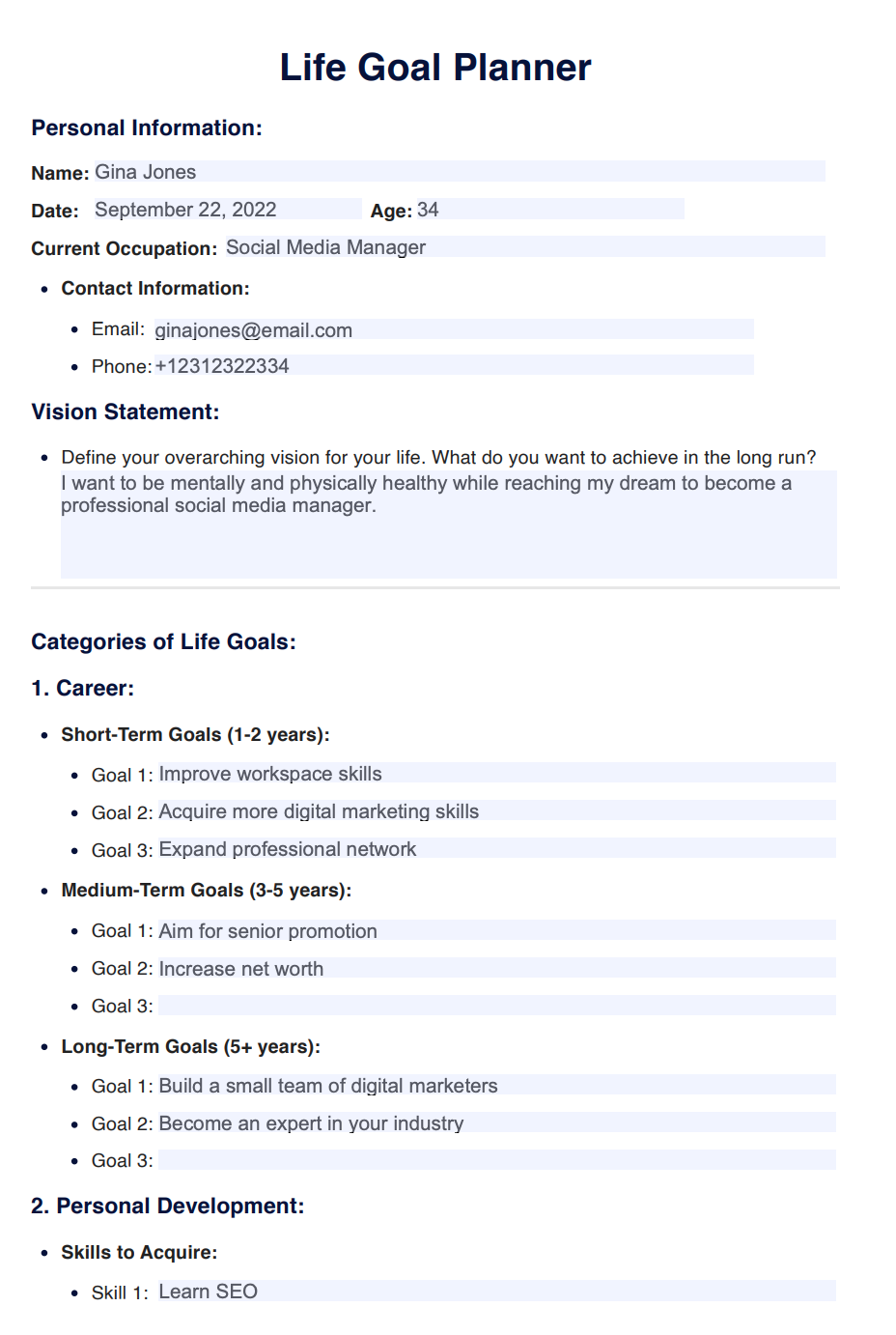 Life Goal Planner example